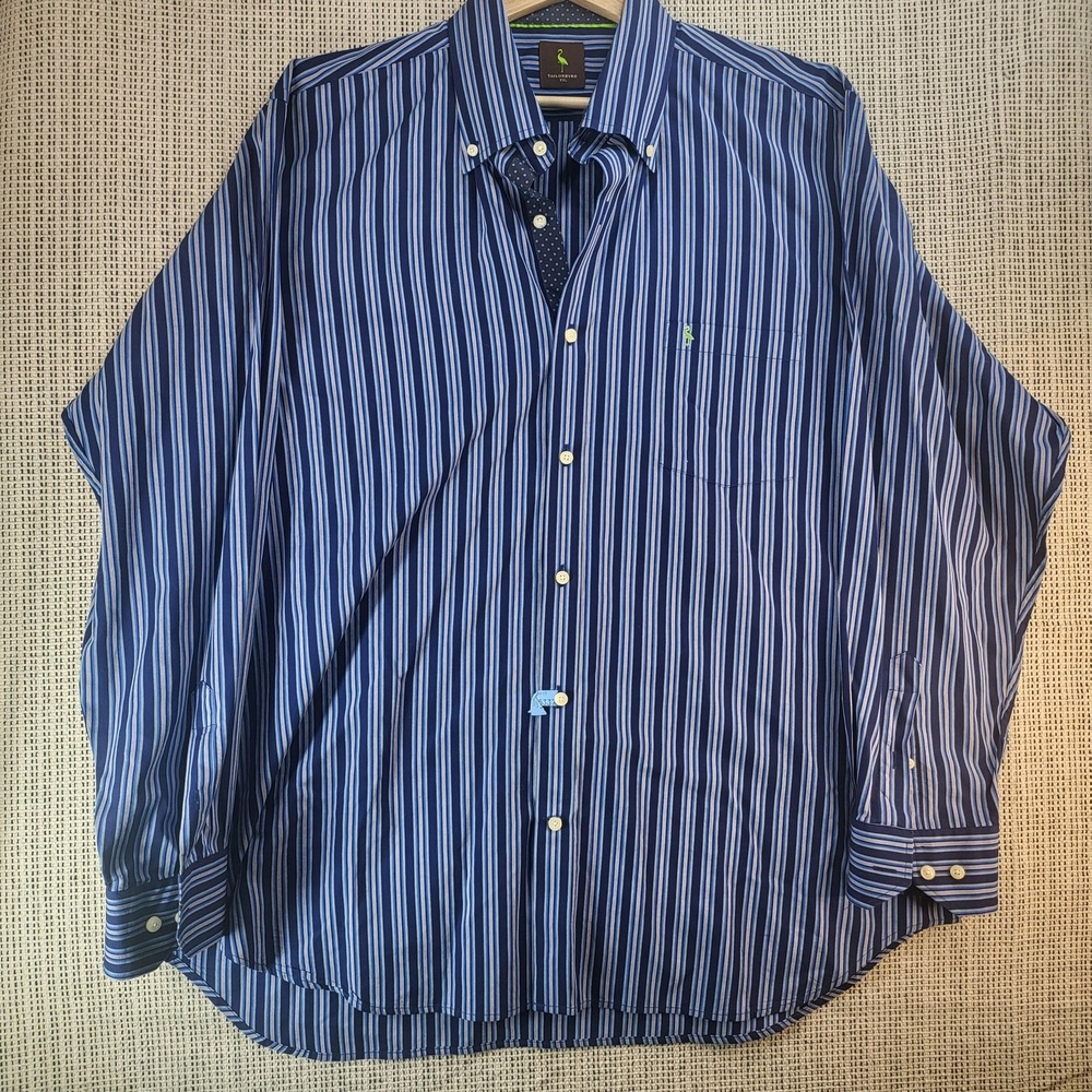 TailorByrd Shirt Mens 2XL‎ Blue Striped Button Down Long Sleeve Flamingo Logo